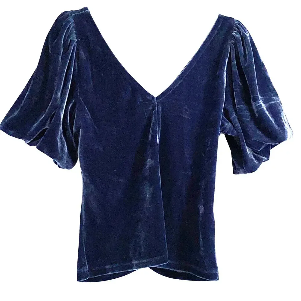 Free People Velvet Top Blue Ruched Puff Sleeve V-Neck Womens M